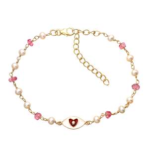 925 Sterling Silver Rosary <b>Bracelet</b> with Heart Charm Gold Plated Featuring Pearl Pink Topaz <b>Red</b> White Enamel Zircon Stone - Product Image 1