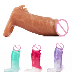 Fabrika özel Penis genişletici renkli yumuşak silikon erkek seks oyuncak Penis kollu erkekler için