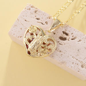 Collar con Colgante de la Virgen María con Corazón de Flor de Guadalupe, Oro de 14k, Cadena de 60cm, Joyería Religiosa - Product Image 4