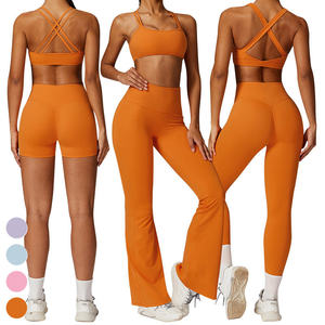 Custom Brand Women's 4 Piece Solid Yoga Set Flared Leggings <b>Sports</b> <b>Bra</b> Breathable Spandex Nylon Workout Activewear - Product Image 1