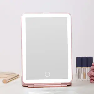 China Supplier Cosmetic Rechargeable Custom Color Logo Touch Folding Portable Led Light Makeup Travel Mirror