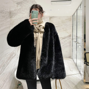 <span class=keywords><strong>Manteau</strong></span> en fausse fourrure <span class=keywords><strong>de</strong></span> renard tissée <span class=keywords><strong>de</strong></span> couleur unie pour femme, col rond, devant ouvert, cardigan décontracté d'hiver, veste moelleuse - Product Image 2