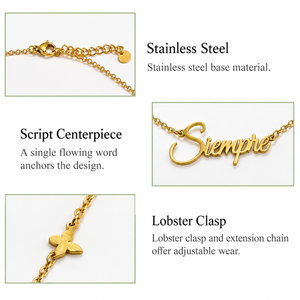 Collier en acier inoxydable doré avec inscription, design Siempre, chaîne fine réglable 40+5 cm, léger, 3,1 g - Product Image 4