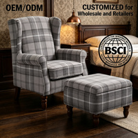 Fauteuil de relaxation à dossier haut en tissu à carreaux gris avec repose-pieds, pieds en bois, pour salon, usage hospitalier, certifié BSCI