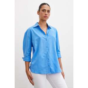 Chemise en lin boutonnée pour femme, bleue, style décontracté, design simple, poignets larges - Product Image 2