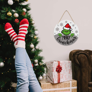 Letrero de bienvenida navideño del Grinch, decoración de madera para puerta principal, placa redonda colgante de Feliz <span class=keywords><strong>Grinchmas</strong></span>, adorno festivo para fiestas navideñas - Product Image 5