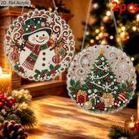 Lot de 2 kits de pendentifs acryliques DIY de Noël avec peinture diamantée 5D, motif attrape-soleil Bonhomme de neige et Sapin de Noël, ornements suspendus en strass