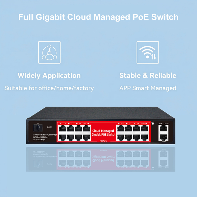 Cloud Managed 16-Port Full Gigabit PoE Switch 240W Built-in Power 4KV Lightning Protection Waterfront 16 Port Gigabit Outdoor