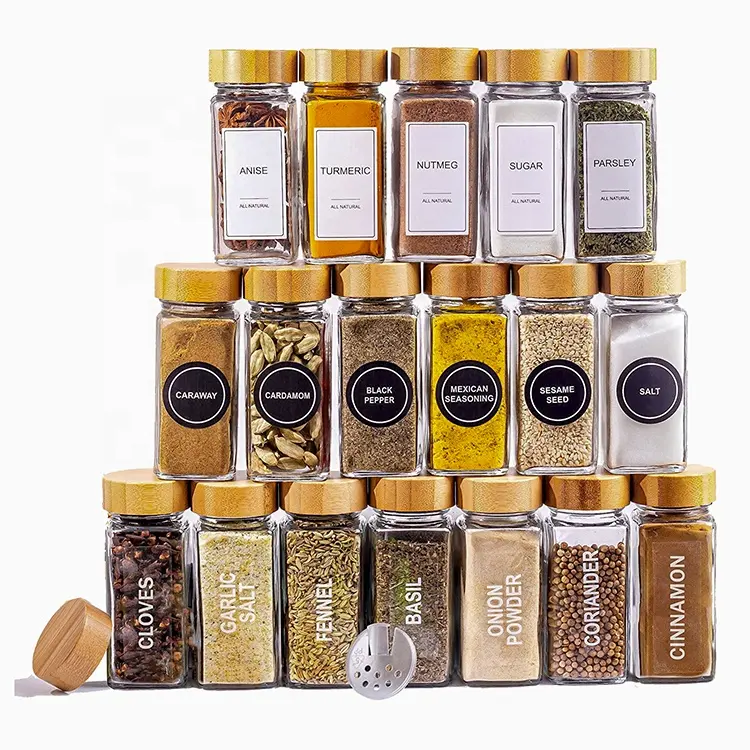 Square Bamboo Wooden Lid Glass Spice Pantry Ingredient Seasoning Storage Jars 4 Oz