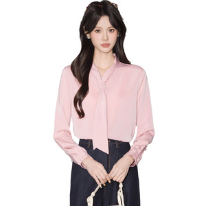 Yellow <b>Satin</b> Long Sleeve <b>Blouse</b> With Tie Neck Office Wear Women's Shirt Solid Color Polyester Q6256 - Product Image 5