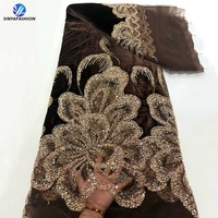 Tissu en dentelle de velours africain Sinya de haute qualité, 5 yards, brodé de paillettes, dentelle française luxueuse perlée pour robe de soirée