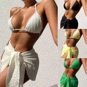 2024 3 Bikini conjunto brillante traje de baño Bikini con vestido de cobertura Niñas traje de baño Ropa de playa pop sexy traje de baño de dos piezas