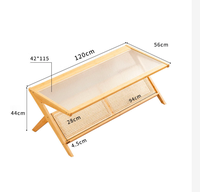 Grande table à thé japonaise 120x56x44 cm pour salon, en bois massif brun avec verre trempé et accents en bambou et rotin, livraison directe DDP