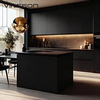 Meubles de cuisine modulaires en marbre, laque métallique noire, design moderne, évier intégré, robinet inclus, portes à charnières encastrées, pour appartement