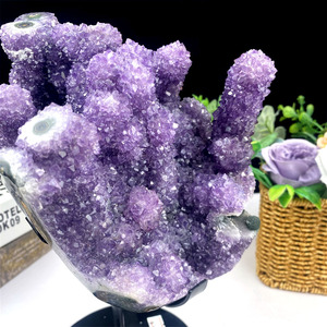 <span class=keywords><strong>Rare</strong></span> grappe d'améthyste naturelle Reiki pierre de guérison géode d'améthyste avec socle en métal pour la décoration - Product Image 5