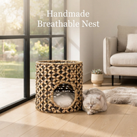 Lit pour animaux de compagnie en jacinthe d'eau tressée à la main, écologique, naturel, luxueux, bohème, pour chats et chiens, maison pour chat et coussin de lit-caverne pour salon