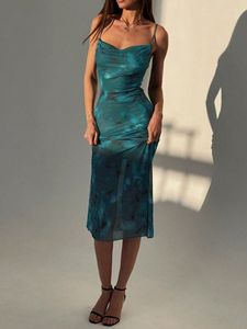 Abito Floreale da Donna <span class=keywords><strong>con</strong></span> Dettagli in Rete, Spalline Sottili, Colletto Plissettato e Stile Lungo <span class=keywords><strong>Aderente</strong></span> - Product Image 3
