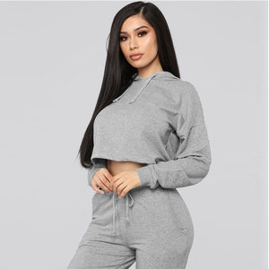 Survêtement à capuche pour femme, ensemble deux pièces, haut court, vêtements <span class=keywords><strong>de</strong></span> sport, essentiels, vente en gros, 2020 - Product Image 4