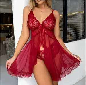 Oferta Especial Conjunto de Pijama y Pantis de Encaje Transparente para Mujer con Cuello en V Ropa Interior Sexy sin Mangas de Color Sólido - Product Image 1