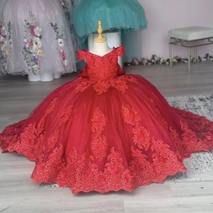 Vestido de Niña de las Flores Rojo Personalizado para Boda, con Apliques de Encaje, Perlas, Largo hasta el Suelo, Precioso Vestido de Princesa para Sesión de <span class=keywords><strong>Fotos</strong></span> de Cumpleaños - Product Image 1