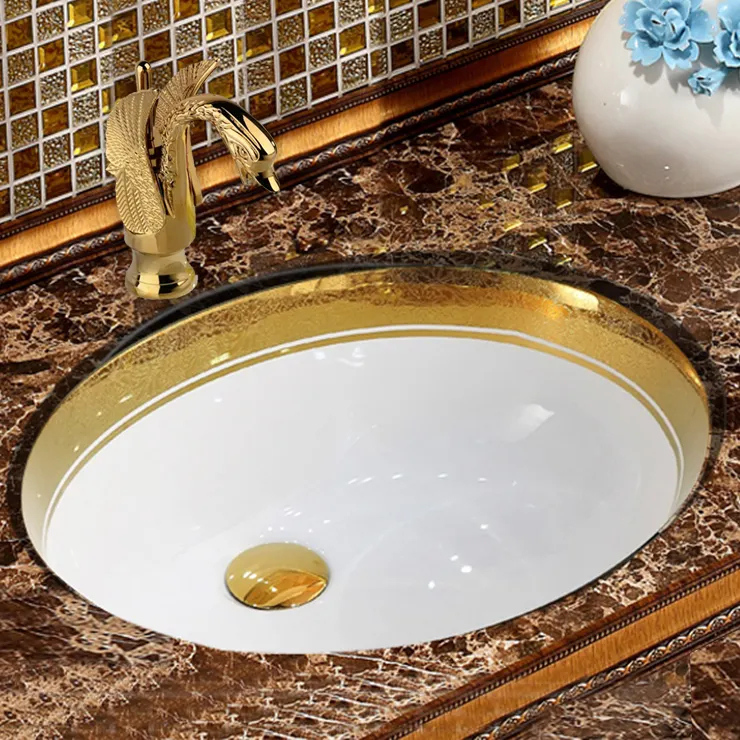 Luxe Sanitair Ronde Gouden Keramische Wastafel Goud Kleur Onderbouw Badkamer Wastafel