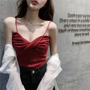 Camisas regata gola v femininas sensuais, blusas de cor sólida e sem mangas com alça espaguete, nova, 2023