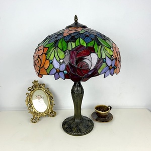 Longhuijing Tiffany Style Table Lamp 16 Inch High Stained Glass Rose Red Lampshade 2E27 Antique Reading <b>Lighting</b> Resin Base - Product Image 4