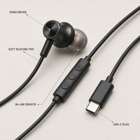 Practical Type C In-Ear Wired Earphone with Microphone Handsfree Earbuds Volume Adjustment 10mm Driver Bulk Wholesale
