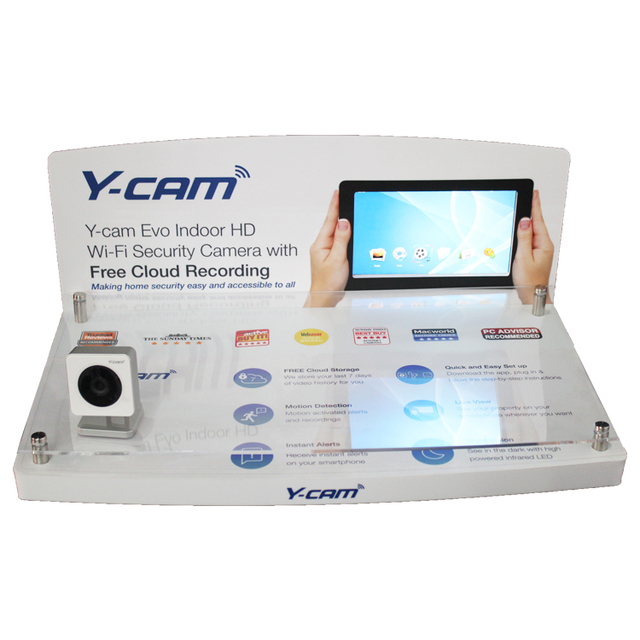 Acrylic Countertop Display Stand With Digital Screen Back Panel for Camera Presentation in Electronics Store and Trade Show