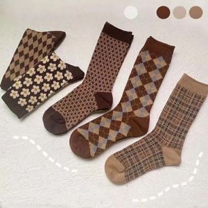 Mid-Calf Women's Coffee Color Autumn Winter Warm Forest Style Japanese Retro Slouch Printed Polyester/Cotton Blend College <strong>Socks</strong> - Product Image 2