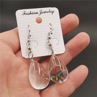 Perhiasan Kekasih Alami Anting-Anting Resin Bunga Kering Dandelion Tetes Air Kait Baja Tahan Karat