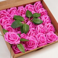 Coffret Cadeau de Roses Artificielles en Mousse Rose avec Feuilles Vertes pour Décoration de Mariage et Fêtes DIY