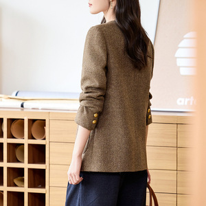 Women's Wool Blazer <b>Coffee</b> Color Herringbone Pattern Loose Fit Autumn Winter Casual Jacket With <b>Pocket</b> No-Wrinkle Treatment - Product Image 3