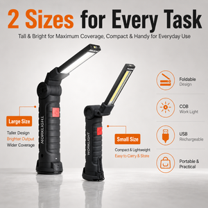 Lampe de travail LED pliable rechargeable COB, lampe d'inspection USB avec base magnétique, crochet de suspension et pince pour réparation automobile, camping et urgences - Product Image 1