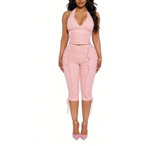 ชุดเซ็ต 2 ชิ้นสำหรับผู้หญิง เสื้อครอปคอ halter แบบรัดรูป และกางเกงขายาวรัดรูป เหมาะสำหรับงานปาร์ตี้และใส่ไปไนต์คลับ แฟชั่น - Product Image 4