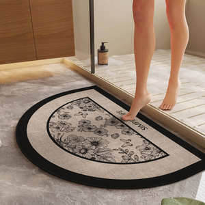 Tapis de bain semi-circulaire imitation lin à motif floral, absorbant, antidérapant, design minimaliste, couleur avoine - Product Image 3