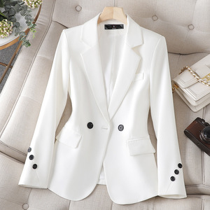 White Women's Blazer Jacket Slim Fit Solid Color Polyester Anti-Wrinkle Spring Autumn Style - Product Image 1