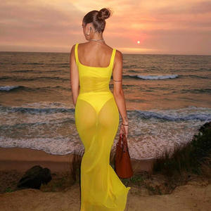 เดรสยาวทรงเข้ารูปผ้าตาข่ายโปร่งสีพื้น <span class=keywords><strong>คอ</strong></span>เห<span class=keywords><strong>ล</strong></span>ี่ยม สไตล์สาวเปรี้ยวสุดเซ็กซี่สำหรับฤดูร้อน - Product Image 3