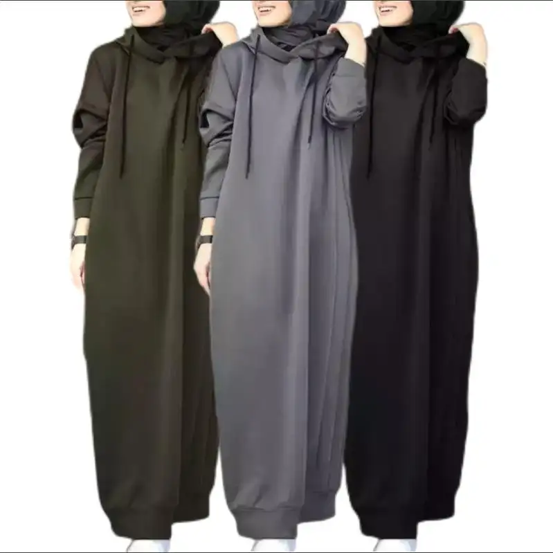 S-3XL Herbst muslimische Frauen einfarbig Plüsch Stoff Kapuze Kordel zug lose lässige Taschen Langarm Frauen langes Kleid