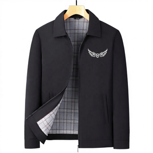 Chaqueta Negra para Hombre con Cuello Camisero y Cierre de Cremallera, Bordado de Alas, Color Sólido, Estilo Casual, Exterior de Poliéster, para Otoño - Product Image 1