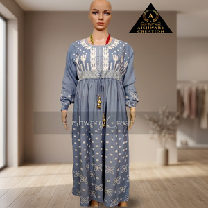 Traditional Modest Muslim Plus Size Breathable Cotton Jalabiya <b>Dress</b> Colorful Floral Print Decorative Neckline Matching Hijab - Product Image 3