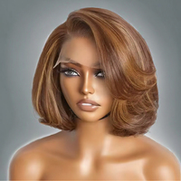 Luxe pour Pixie Cut Bob Perruque 5x5 Dentelle Fermeture Courte Couches Vague De Corps Surligné Couleur Brésilienne Cheveux Humains Brun Clair Frontal