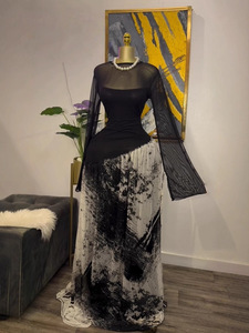 ชุดเดรสแม็กซี่แขนยาวผ้าตาข่ายสำหรับผู้หญิงชุดเดรสผ้าชีฟองพิมพ์ลายไม่สมมาตร - Product Image 6