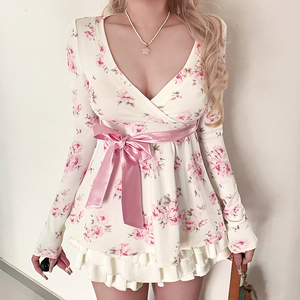 Blusa Floral con Escote Corazón, Top de Manga Larga con Lazo en la Parte Delantera y Dobladillo en Línea A, Estilo Coqueta - Product Image 2