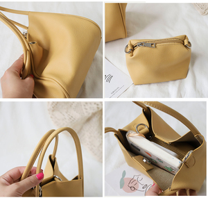 Vendita calda nuova moda tinta unita stile Vintage morbido PU composito borsa da donna 2-in-1 spalla a tracolla borsa a secchiello - Product Image 2