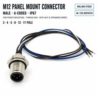Connecteur M12 en laiton pour montage sur panneau automobile, mâle, codage A, IP67, filetage M16, fixation frontale, pour fils toronnés, 3-17 pôles, PUR PVC