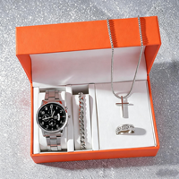 Ensemble cadeau de montre pour homme avec logo personnalisé, 4 pièces, montre en acier inoxydable argenté, collier croix, bracelet, bagues, vente en gros