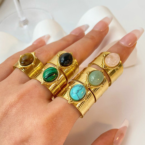 French Retro Style Light Luxury <b>Ring</b> Natural Stone <b>Adjustable</b> 18k Gold Plated Stainless Steel Women's Jewelry - Product Image 2