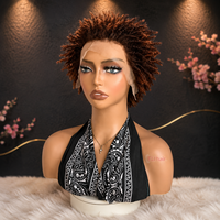 Perruque courte bouclée afro crépue de 6 pouces en cheveux vierges birmans bruns-noirs, tressée au crochet, demi-perruque bouclée transparente 13*4