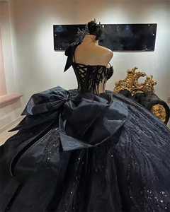 Vestidos de Quinceañera Negros Mumuleo con Cuentas y Apliques, <span class=keywords><strong>Vestido</strong></span> de Gala con Lazo para <span class=keywords><strong>Fiesta</strong></span> de 16 Años, Vestidos de 15 Años Personalizados - Product Image 2